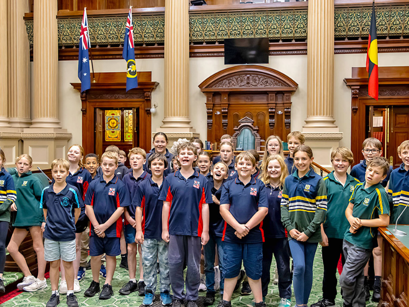 Guided tour inside Parliament House Canberra showing students learning about democracy on a Parliament House school excursion Canberra