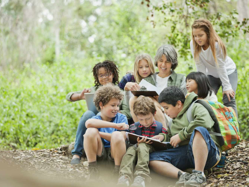 Students learning outdoors during a school excursion with their teacher